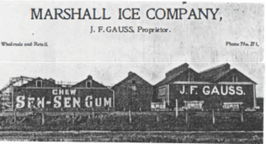 Figure 1: Gauss Icehouses before the fire of 1903. Image from "A History of Marshall" by Richard Carver, 178-179.